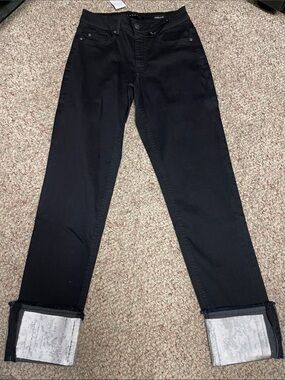Carreli sequin folded cuff high rise straight leg black jeans